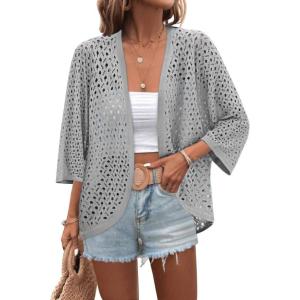 image:imageZeagoo Womens Summer Crochet Cardigan Sweaters Lightweight Open Front 34 Sleeve Batwing Kimono Boho Knit Cover Ups 2026Grey