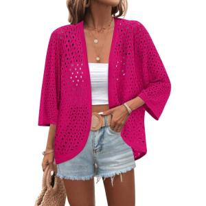 image:imageZeagoo Womens Summer Crochet Cardigan Sweaters Lightweight Open Front 34 Sleeve Batwing Kimono Boho Knit Cover Ups 2026Hot Pink