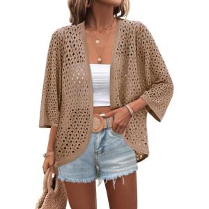 image:imageZeagoo Womens Summer Crochet Cardigan Sweaters Lightweight Open Front 34 Sleeve Batwing Kimono Boho Knit Cover Ups 2026Khaki