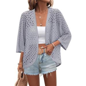 image:imageZeagoo Womens Summer Crochet Cardigan Sweaters Lightweight Open Front 34 Sleeve Batwing Kimono Boho Knit Cover Ups 2026Light Grey