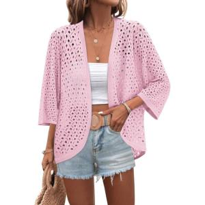 image:imageZeagoo Womens Summer Crochet Cardigan Sweaters Lightweight Open Front 34 Sleeve Batwing Kimono Boho Knit Cover Ups 2026Pink