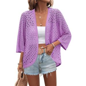 image:imageZeagoo Womens Summer Crochet Cardigan Sweaters Lightweight Open Front 34 Sleeve Batwing Kimono Boho Knit Cover Ups 2026Purple