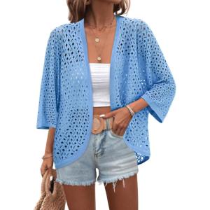 image:imageZeagoo Womens Summer Crochet Cardigan Sweaters Lightweight Open Front 34 Sleeve Batwing Kimono Boho Knit Cover Ups 2026Teal