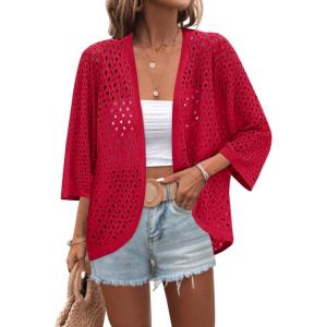 image:imageZeagoo Womens Summer Crochet Cardigan Sweaters Lightweight Open Front 34 Sleeve Batwing Kimono Boho Knit Cover Ups 2026Wine Red