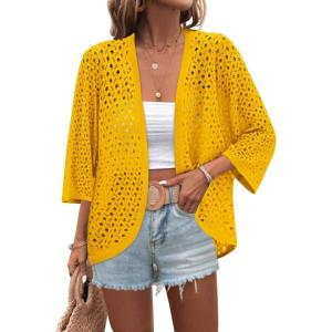 image:imageZeagoo Womens Summer Crochet Cardigan Sweaters Lightweight Open Front 34 Sleeve Batwing Kimono Boho Knit Cover Ups 2026Yellow
