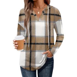 image:imageZeagoo Hoodies for Women Long Sleeve Drawstring V Neck Pullover Sweatshirts Shirts Loose Casual Fall TopsA01brown Plaid