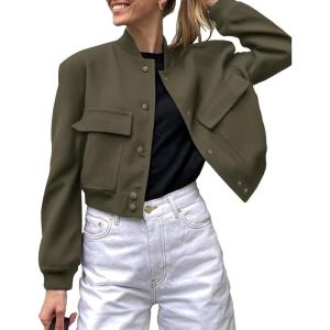 image:imageZeagoo Women Bomber Jacket Casual Button Down Varsity Jackets Shackets With Pockets OutwearArmy Green