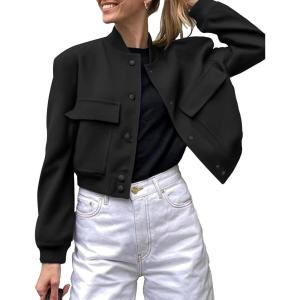 image:imageZeagoo Women Bomber Jacket Casual Button Down Varsity Jackets Shackets With Pockets OutwearBlack