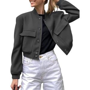 image:imageZeagoo Women Bomber Jacket Casual Button Down Varsity Jackets Shackets With Pockets OutwearDark Grey