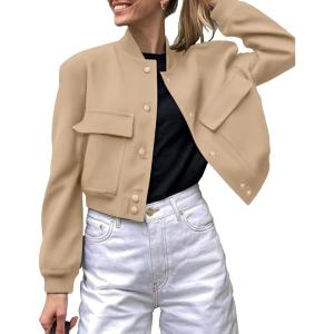 image:imageZeagoo Women Bomber Jacket Casual Button Down Varsity Jackets Shackets With Pockets OutwearKhaki