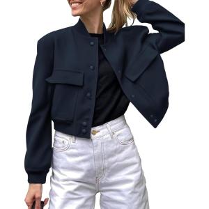 image:imageZeagoo Women Bomber Jacket Casual Button Down Varsity Jackets Shackets With Pockets OutwearNavy Blue
