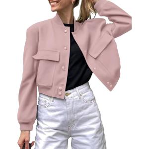image:imageZeagoo Women Bomber Jacket Casual Button Down Varsity Jackets Shackets With Pockets OutwearPink