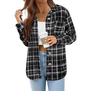 image:imageZeagoo Women Flannel Shacket Jacket Plaid Button Down Long Sleeve Shirt Fall Outfits 2026Black