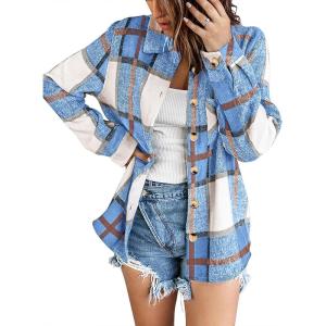 image:imageZeagoo Women Flannel Shacket Jacket Plaid Button Down Long Sleeve Shirt Fall Outfits 2026Blue