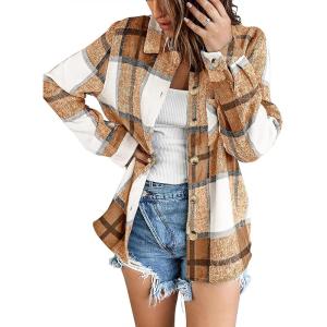 image:imageZeagoo Women Flannel Shacket Jacket Plaid Button Down Long Sleeve Shirt Fall Outfits 2026Brown