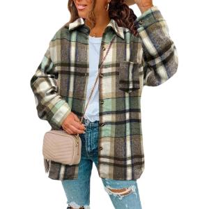 image:imageZeagoo Women Flannel Shacket Jacket Plaid Button Down Long Sleeve Shirt Fall Outfits 2026Green
