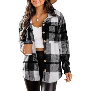 image:imageZeagoo Women Flannel Shacket Jacket Plaid Button Down Long Sleeve Shirt Fall Outfits 2026Grey Black