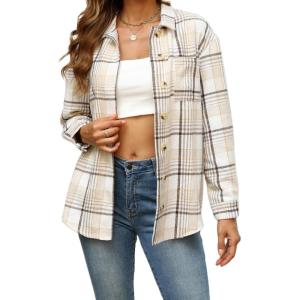 image:imageZeagoo Women Flannel Shacket Jacket Plaid Button Down Long Sleeve Shirt Fall Outfits 2026Light Brown