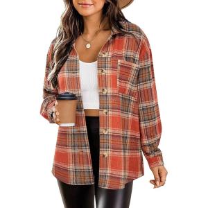 image:imageZeagoo Women Flannel Shacket Jacket Plaid Button Down Long Sleeve Shirt Fall Outfits 2026Orange Plaidgz867