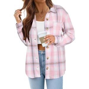 image:imageZeagoo Women Flannel Shacket Jacket Plaid Button Down Long Sleeve Shirt Fall Outfits 2026Pink