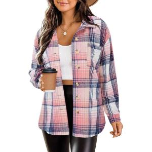 image:imageZeagoo Women Flannel Shacket Jacket Plaid Button Down Long Sleeve Shirt Fall Outfits 2026Pink Plaidgz877