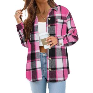 image:imageZeagoo Women Flannel Shacket Jacket Plaid Button Down Long Sleeve Shirt Fall Outfits 2026Rose Red