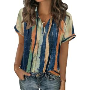 image:imageZeagoo Short Sleeve Summer Tops for Women Casual Button Down Shirts SolidStriped Business Work BlousesCx289