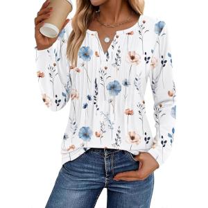 image:imageZeagoo Womens Long Sleeve Tops 2026 V Neck Pleated Shirts Dressy Casual Tunic Blouses Loose Fit Fall Fashion ClothesAawhite Floralprinted