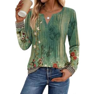 image:imageZeagoo Womens Long Sleeve Tops 2026 V Neck Pleated Shirts Dressy Casual Tunic Blouses Loose Fit Fall Fashion ClothesBbgreenprinted