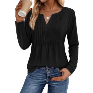 image:imageZeagoo Womens Long Sleeve Tops 2026 V Neck Pleated Shirts Dressy Casual Tunic Blouses Loose Fit Fall Fashion ClothesBlack