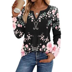 image:imageZeagoo Womens Long Sleeve Tops 2026 V Neck Pleated Shirts Dressy Casual Tunic Blouses Loose Fit Fall Fashion ClothesBlack Pinkprinted