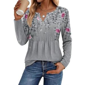 image:imageZeagoo Womens Long Sleeve Tops 2026 V Neck Pleated Shirts Dressy Casual Tunic Blouses Loose Fit Fall Fashion ClothesHf36
