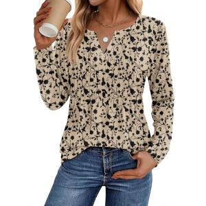 image:imageZeagoo Womens Long Sleeve Tops 2026 V Neck Pleated Shirts Dressy Casual Tunic Blouses Loose Fit Fall Fashion ClothesKhakiprinted