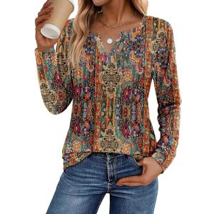 image:imageZeagoo Womens Long Sleeve Tops 2026 V Neck Pleated Shirts Dressy Casual Tunic Blouses Loose Fit Fall Fashion ClothesMz721