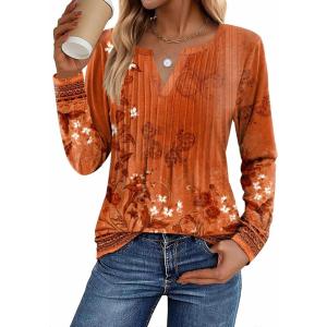 image:imageZeagoo Womens Long Sleeve Tops 2026 V Neck Pleated Shirts Dressy Casual Tunic Blouses Loose Fit Fall Fashion ClothesMz867