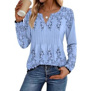 image:imageZeagoo Womens Long Sleeve Tops 2026 V Neck Pleated Shirts Dressy Casual Tunic Blouses Loose Fit Fall Fashion ClothesSf166