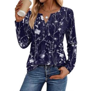 image:imageZeagoo Womens Long Sleeve Tops 2026 V Neck Pleated Shirts Dressy Casual Tunic Blouses Loose Fit Fall Fashion ClothesSf180