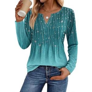 image:imageZeagoo Womens Long Sleeve Tops 2026 V Neck Pleated Shirts Dressy Casual Tunic Blouses Loose Fit Fall Fashion ClothesXh363