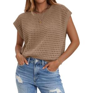image:imageZeagoo Womens Spring Summer Crochet Tops Cap Sleeve Sweater Vest Hollow Out Pullover Shirts Beach Vacation ClothesAkhaki