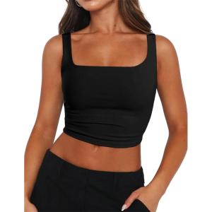 image:imageZeagoo Womens Square Neck Sleeveless Crop Tops 2026 Cute Double Layer Casual Slim Fit Trendy Tank TopsBlack