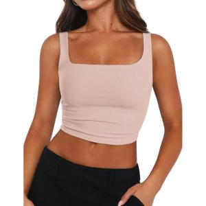 image:imageZeagoo Womens Square Neck Sleeveless Crop Tops 2026 Cute Double Layer Casual Slim Fit Trendy Tank TopsChampagne