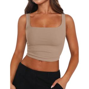 image:imageZeagoo Womens Square Neck Sleeveless Crop Tops 2026 Cute Double Layer Casual Slim Fit Trendy Tank TopsKhaki