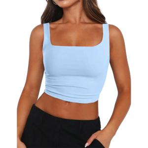 image:imageZeagoo Womens Square Neck Sleeveless Crop Tops 2026 Cute Double Layer Casual Slim Fit Trendy Tank TopsLight Blue