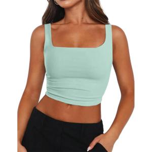 image:imageZeagoo Womens Square Neck Sleeveless Crop Tops 2026 Cute Double Layer Casual Slim Fit Trendy Tank TopsMint Green