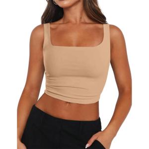 image:imageZeagoo Womens Square Neck Sleeveless Crop Tops 2026 Cute Double Layer Casual Slim Fit Trendy Tank TopsNude