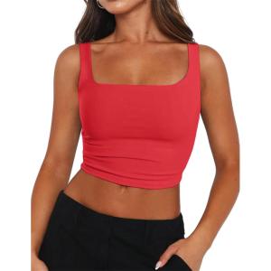 image:imageZeagoo Womens Square Neck Sleeveless Crop Tops 2026 Cute Double Layer Casual Slim Fit Trendy Tank TopsRed