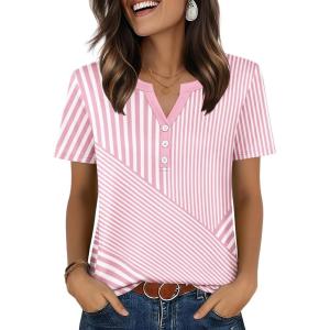 image:imageZeagoo Womens Summer Tops V Neck Short Sleeve Shirts Dressy Casual Blouse Spring Vacation Tshirts ClothesPink Stripes