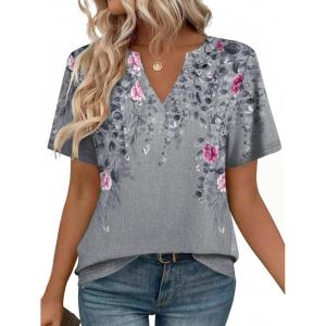 image:imageZeagoo Womens Tops Short Sleeve V Neck Tee Shirts Cute Dressy Casual Clothing Business Work BlouseGrey Flower Hf36