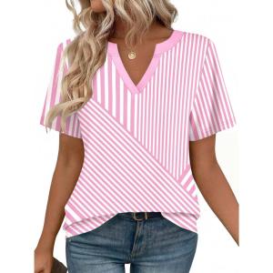 image:imageZeagoo Womens Tops Short Sleeve V Neck Tee Shirts Cute Dressy Casual Clothing Business Work BlousePink and White Stripes Tz300