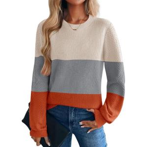 image:imageZeagoo Womens Sweaters 2026 Fashion Fall Tops Crew Neck Long Sleeve Knit Pullover Sweater SXXLWhite Gray Orange